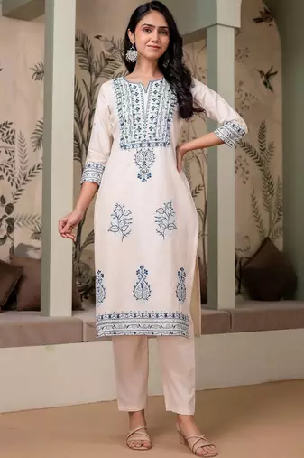 women ethnic motifs embroidered regular thread work  cotton kurta with trousers