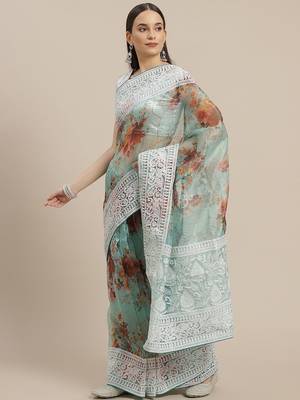 Sea green sea green & brown floral embroidered celebrity organza saree 1