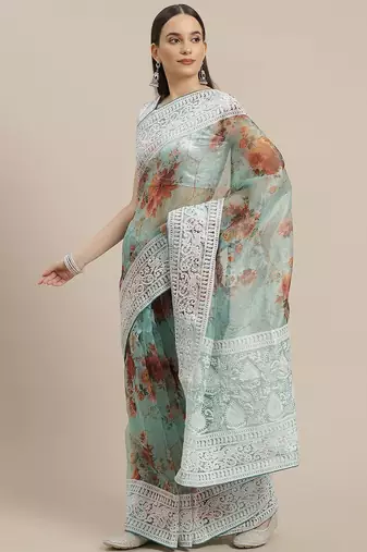 Sea green sea green & brown floral embroidered celebrity organza saree