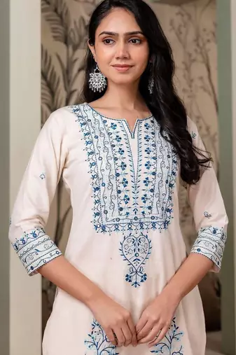 women ethnic motifs embroidered regular thread work  cotton kurta with trousers