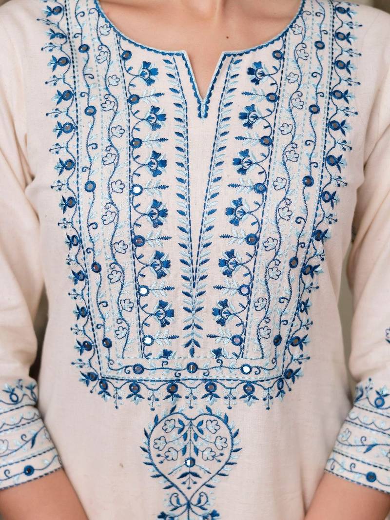 women ethnic motifs embroidered regular thread work  cotton kurta with trousers