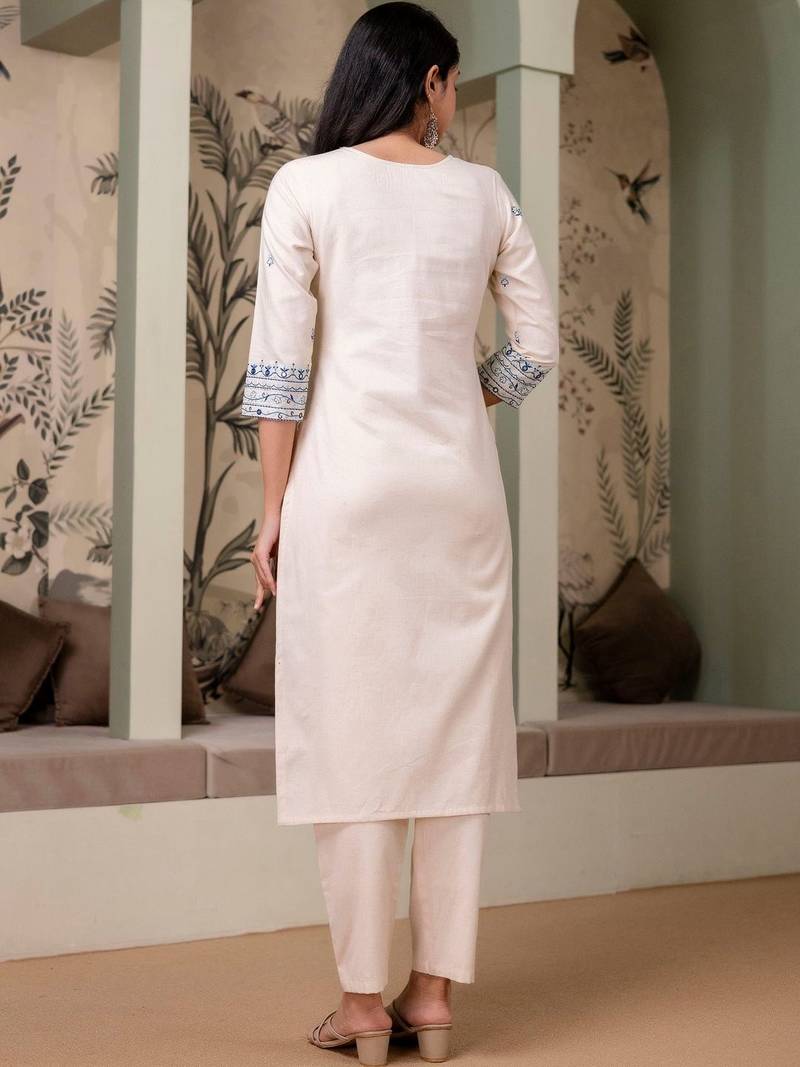 women ethnic motifs embroidered regular thread work  cotton kurta with trousers
