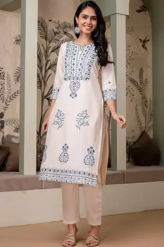 women ethnic motifs embroidered regular thread work  cotton kurta with trousers