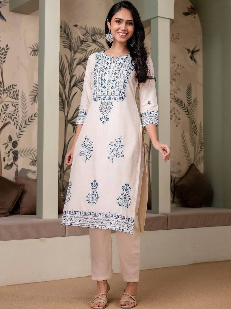 women ethnic motifs embroidered regular thread work  cotton kurta with trousers