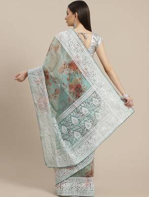 Sea green sea green & brown floral embroidered celebrity organza saree 2