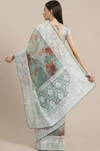 Sea green sea green & brown floral embroidered celebrity organza saree