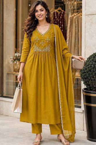 women ethnic motifs embroidered empire mirror work chanderi cotton kurta with trousers & with