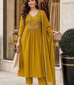 women ethnic motifs embroidered empire mirror work chanderi cotton kurta with trousers & with