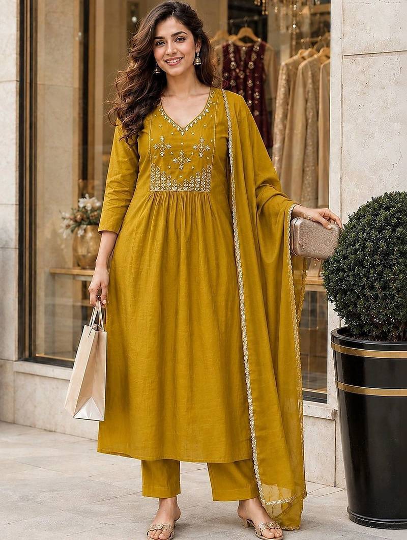 women ethnic motifs embroidered empire mirror work chanderi cotton kurta with trousers & with