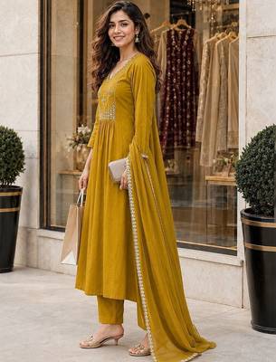 women ethnic motifs embroidered empire mirror work chanderi cotton kurta with trousers & with 2