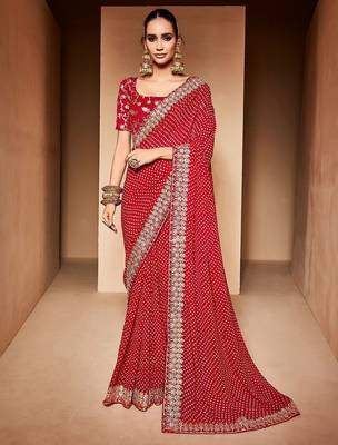 Red bandhani embroidered  georgette bandhani saree 1