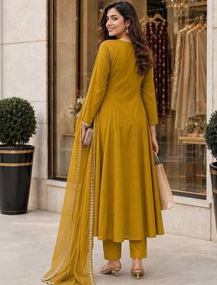 women ethnic motifs embroidered empire mirror work chanderi cotton kurta with trousers & with 3