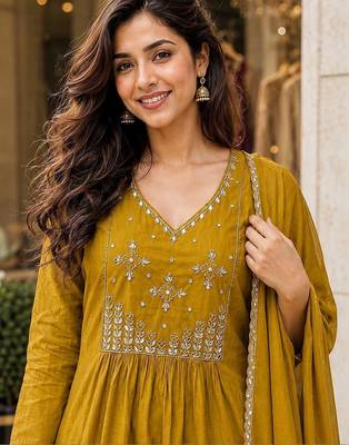 women ethnic motifs embroidered empire mirror work chanderi cotton kurta with trousers & with 4