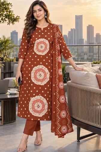 women ethnic motifs printed regular  cotton kurta with trousers & with dupatta