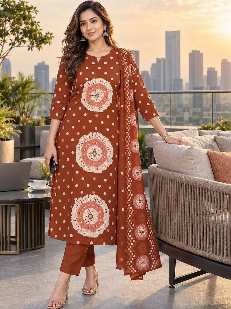 women ethnic motifs printed regular  cotton kurta with trousers & with dupatta
