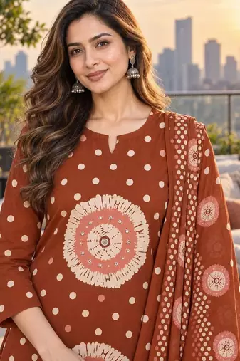 women ethnic motifs printed regular  cotton kurta with trousers & with dupatta