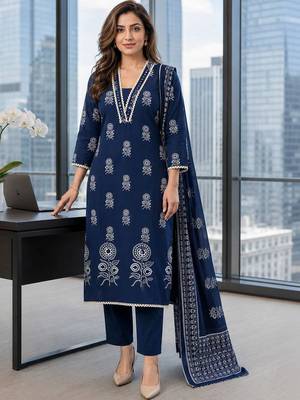 women ethnic motifs printed regular  cotton kurta with trousers & with dupatta 1