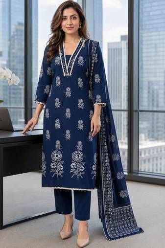 women ethnic motifs printed regular  cotton kurta with trousers & with dupatta