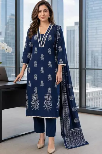 women ethnic motifs printed regular  cotton kurta with trousers & with dupatta