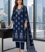 women ethnic motifs printed regular  cotton kurta with trousers & with dupatta