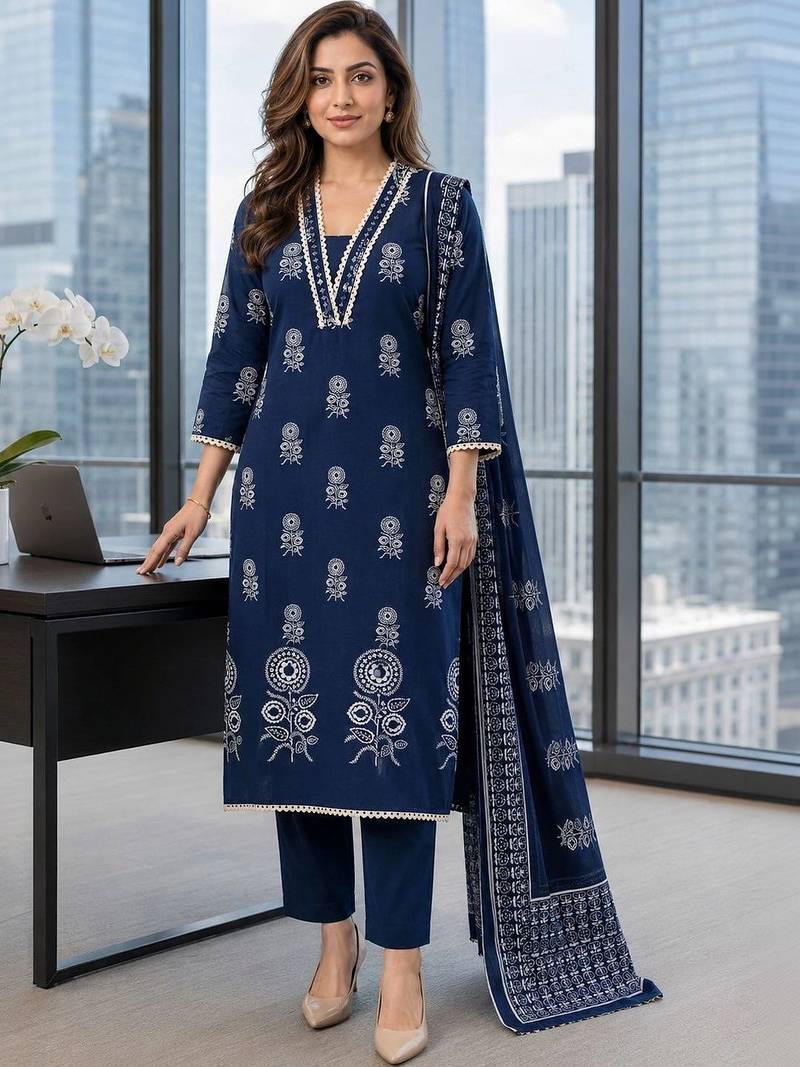 women ethnic motifs printed regular  cotton kurta with trousers & with dupatta