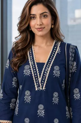 women ethnic motifs printed regular  cotton kurta with trousers & with dupatta