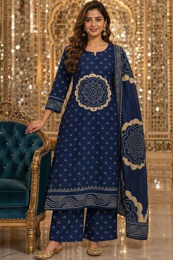 women ethnic motifs printed regular  cotton kurta with palazzos & with dupatta