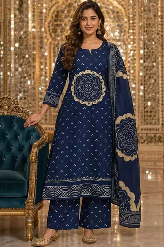 women ethnic motifs printed regular  cotton kurta with palazzos & with dupatta