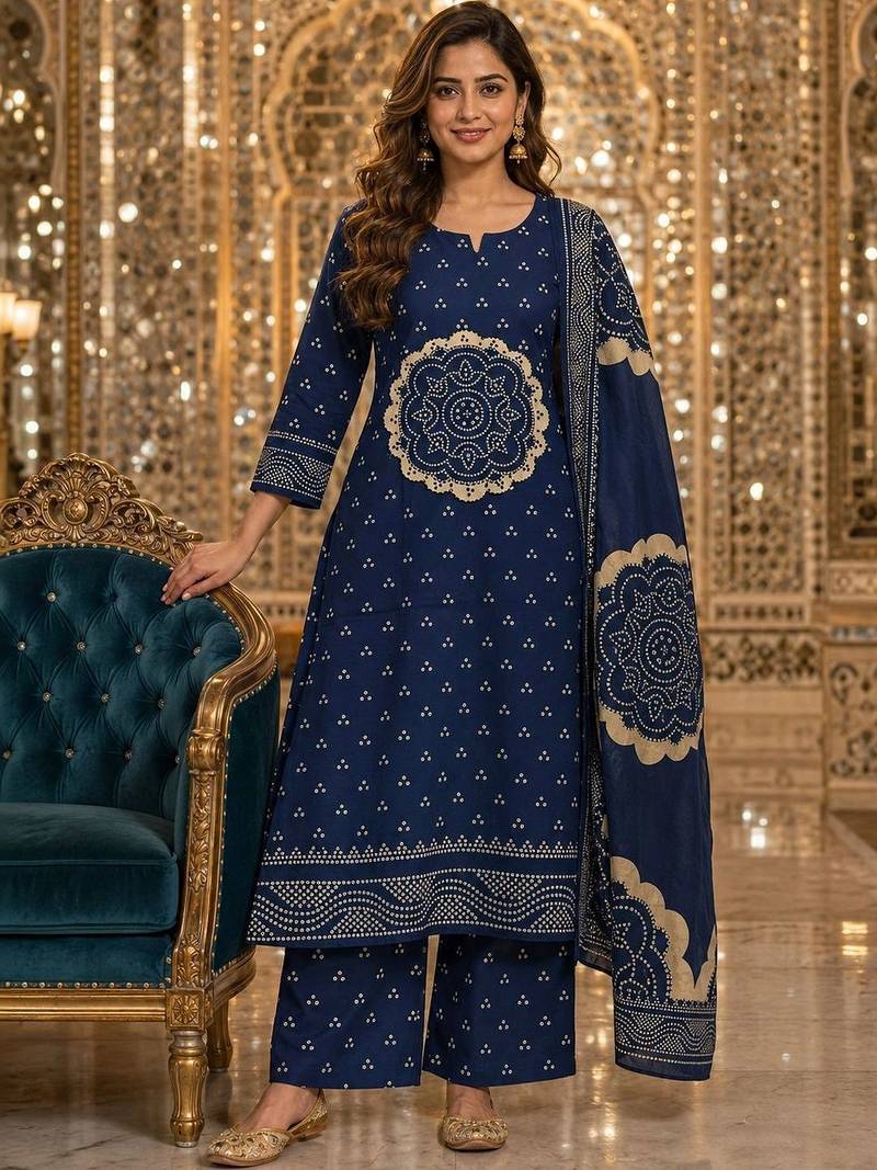 women ethnic motifs printed regular  cotton kurta with palazzos & with dupatta