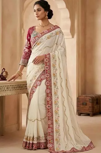Off white floral embroidered  georgette designer saree
