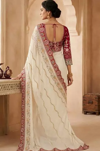 Off white floral embroidered  georgette designer saree