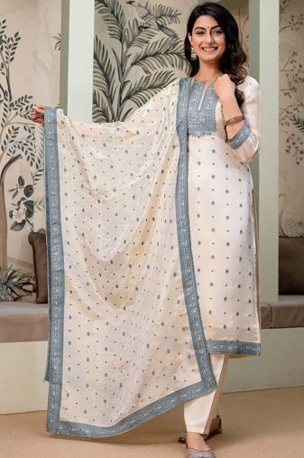 women ethnic motifs embroidered regular thread work kurta with trousers & with dupatta
