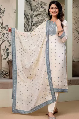 women ethnic motifs embroidered regular thread work kurta with trousers & with dupatta
