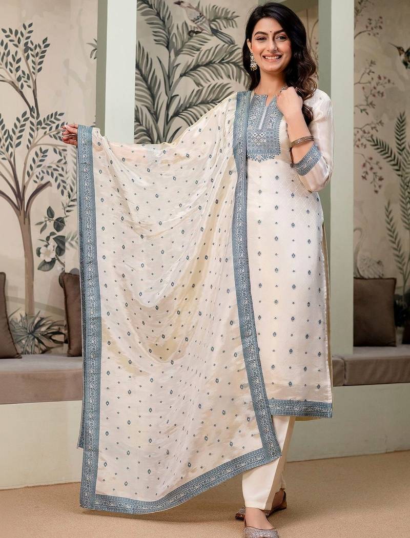 women ethnic motifs embroidered regular thread work kurta with trousers & with dupatta