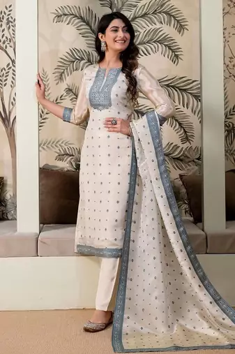 women ethnic motifs embroidered regular thread work kurta with trousers & with dupatta