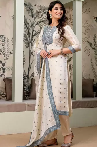 women ethnic motifs embroidered regular thread work kurta with trousers & with dupatta