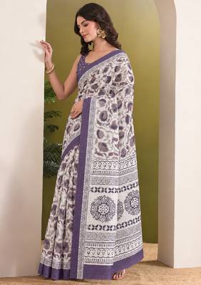 Purple batik printed silk blend ready to wear saree 3