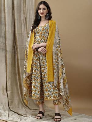 women floral printed regular cotton anarkali kurta with trousers & dupatta 1