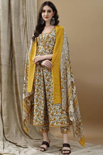 women floral printed regular cotton anarkali kurta with trousers & dupatta