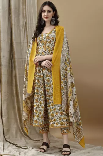 women floral printed regular cotton anarkali kurta with trousers & dupatta