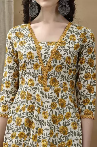women floral printed regular cotton anarkali kurta with trousers & dupatta