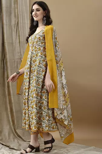 women floral printed regular cotton anarkali kurta with trousers & dupatta