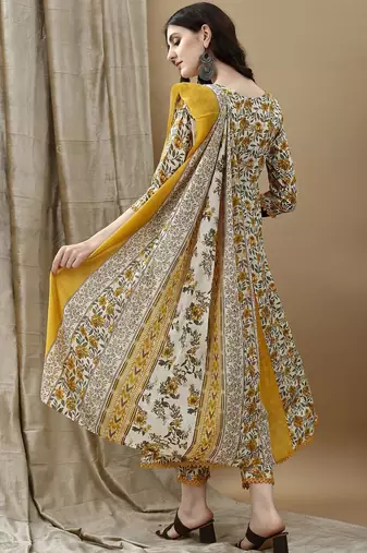 women floral printed regular cotton anarkali kurta with trousers & dupatta