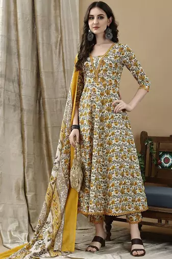 women floral printed regular cotton anarkali kurta with trousers & dupatta