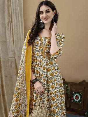 women floral printed regular cotton anarkali kurta with trousers & dupatta 6