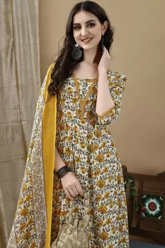 women floral printed regular cotton anarkali kurta with trousers & dupatta