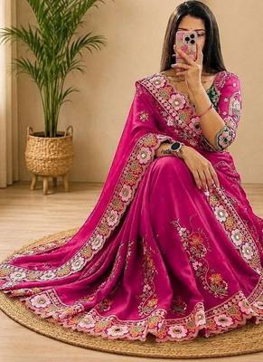 Maroon embellished floral mirror work  georgette designer saree 2