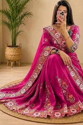 Maroon embellished floral mirror work  georgette designer saree