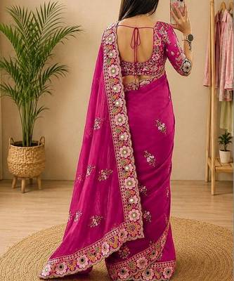 Maroon embellished floral mirror work  georgette designer saree 3