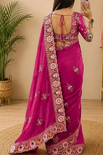 Maroon embellished floral mirror work  georgette designer saree